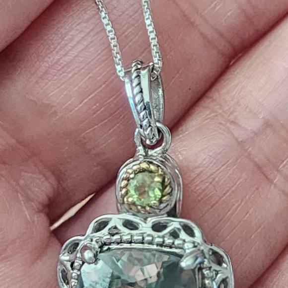 Intricate Sterling Silver 14k Gold Green Quartz Gemstone Necklace Chain Jeweley - Picture 8 of 10